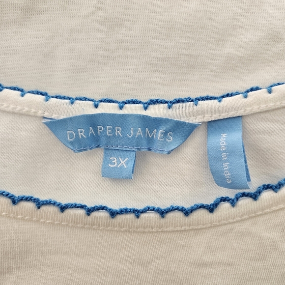 Draper James T Shirt 3X Magnolia White Tee Blue Crochet Detail Scoop Neck Cotton - Picture 2 of 13